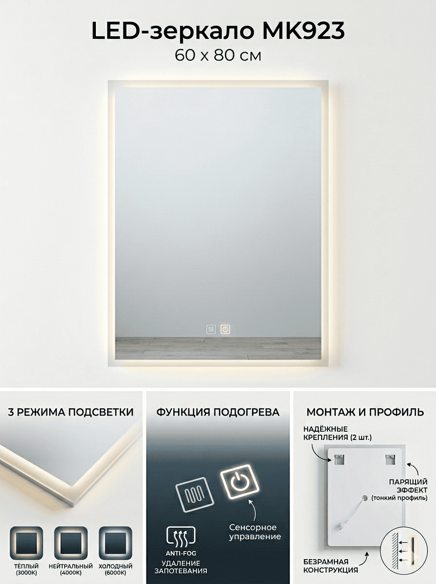 LED Зеркало - MK923 80*60 (3 цвета подсветки, сенсорное управление, подогрев) - Фото 2