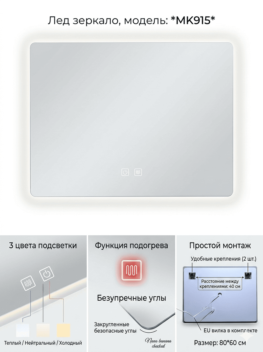 LED Зеркало - MK915 100*80 (3 цвета подсветки, сенсорное управление, подогрев)
