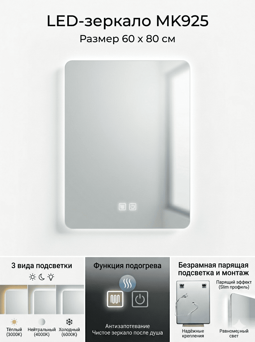 LED Зеркало для ванной комнаты - MK925 80*60 (3 цвета подсветки, сенсорное управление, подогрев)